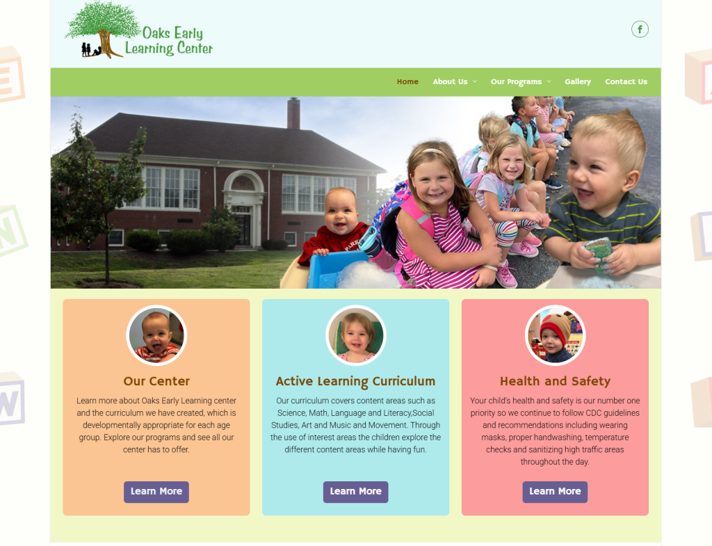 Website for a privately owned and operated child care facility in Oaks, PA. Oaks Early Learning website