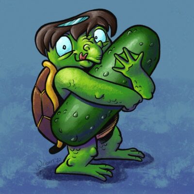 A friendly kappa from Japanese folklore with his favorite food, a cucumber Kappa