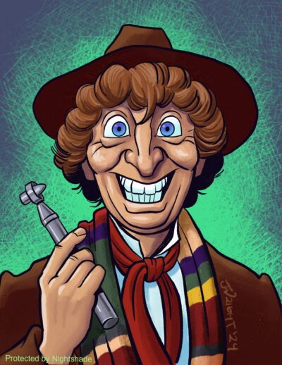 Caricature of Tom Baker portraying his most famous role as the Fourth Doctor from "Doctor Who" Tom Baker as The Doctor