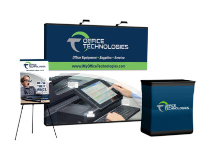 A full set of trade show display materials including a full-sized display, a podium and a poster on easel. Office Technologies Trade Show Display and Podium