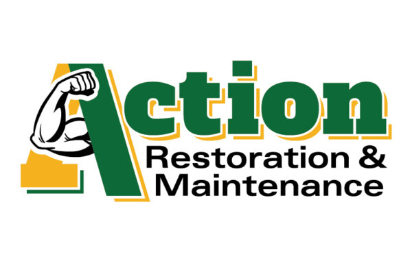 A three color logo for Action Restoration and Maintenance, a construction and maintenance contractor. Action Restoration & Maintenance