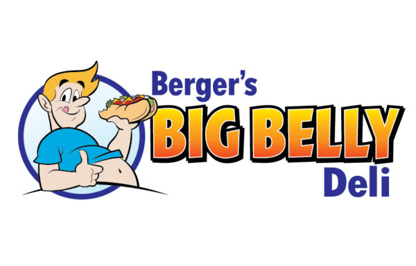 Logo for a local deli with cartoon mascot Bergers Big Belly Deli