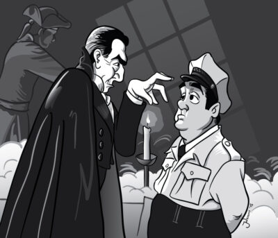 Caricature of a scene from "Abbot and Costello Meet Frankenstein". Dracula and Lou Costello