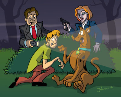 Caricatures of the stars of the TV show, "The X-Files" mixed with Shaggy and Scooby-Doo The Scooby Files